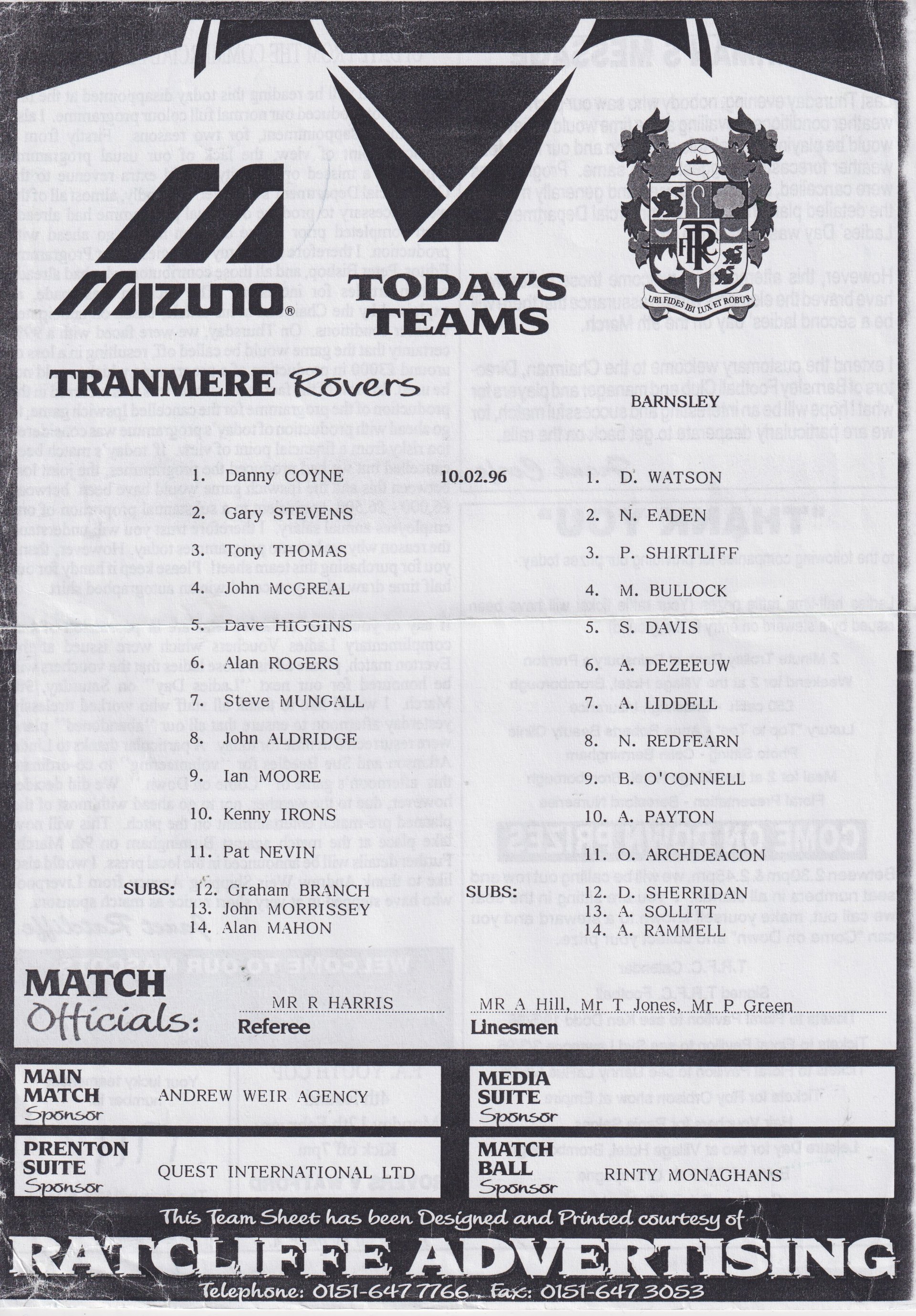 Tranmere Rovers v Barnsley match programme